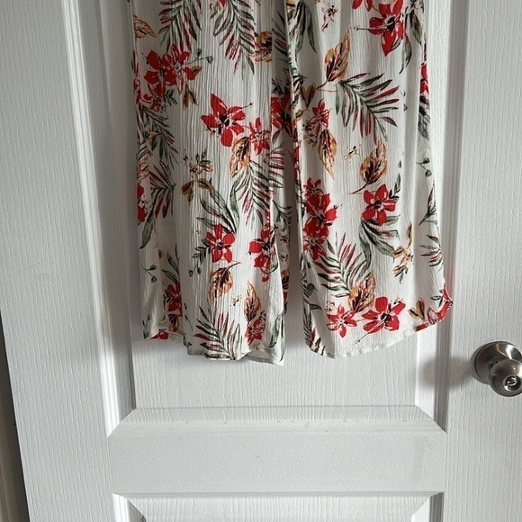 White floral linen pants elastic waist & pockets size medium red & orange - Picture 4 of 13